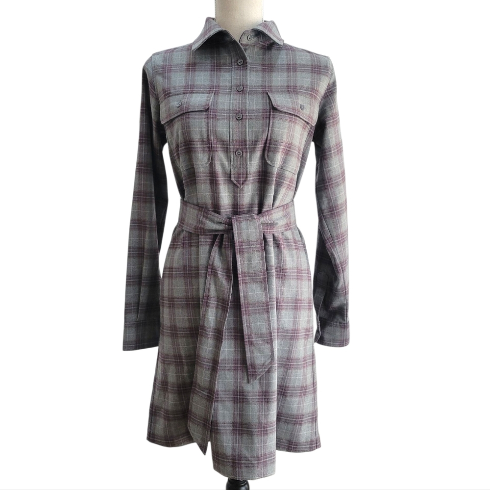 Tuckernuck Gray Plaid‎ Belted Long Sleeve Shirt Dress Size S